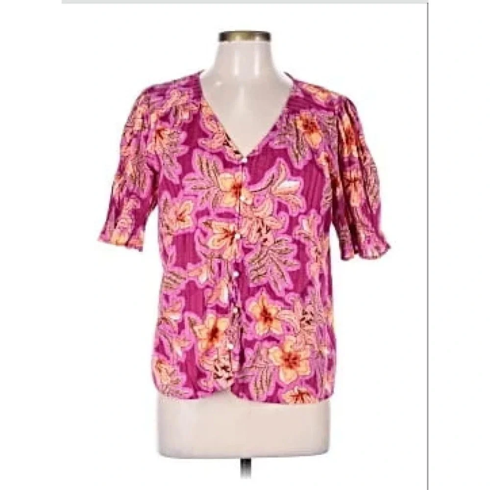 LOFT Floral Button-Front Top Womens S V-Neck Puff Sleeve Cotton